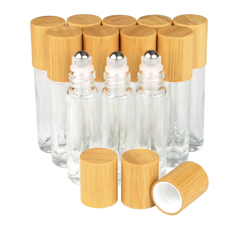 glasstore زجاجات رول أون فارغة قابلة لإعادة التعبئة، زجاجة رول أون 10 مل من الخيزران لعطور الزيوت الأساسية، زجاجات عينة مع كرة رولر من الفولاذ المقاوم للصدأ وغطاء من الخيزران، 12 قطعة - Image 1